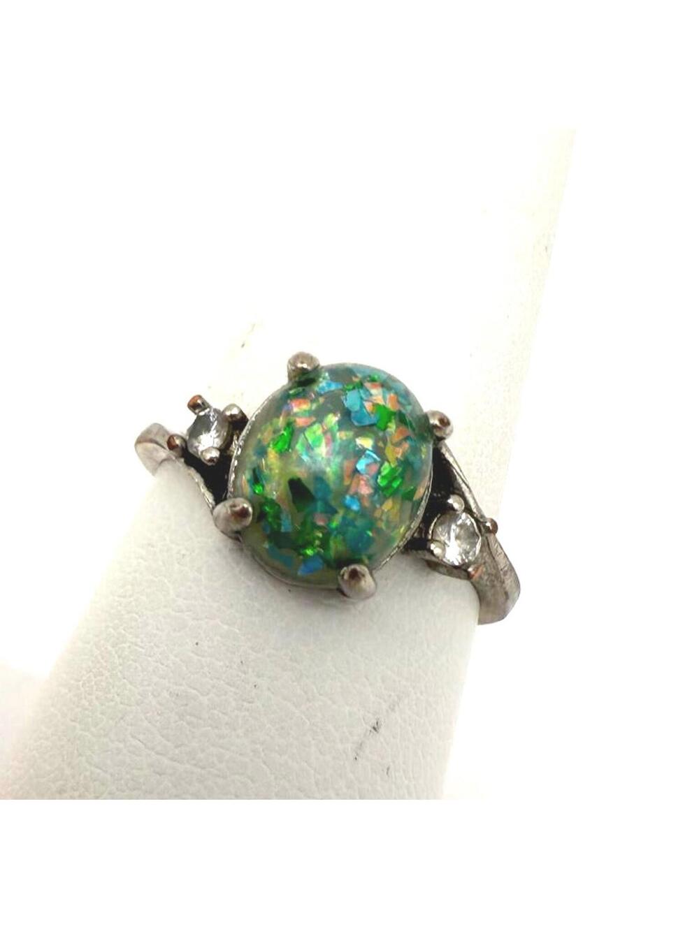 Silver Ring with Multicolor Opal-like Stone and Side Accents Size 7